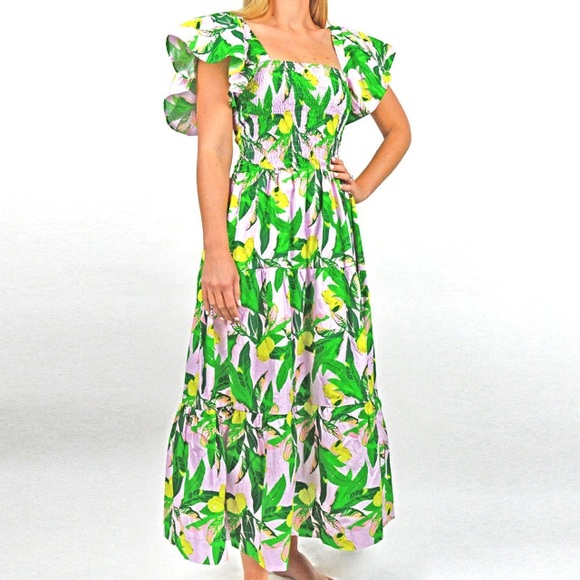 8 Oak Lane 🍋LAVENDER LEMONS 🍋 SMOCKED FLUTTER sleeve DRESS size medium - Picture 4 of 5